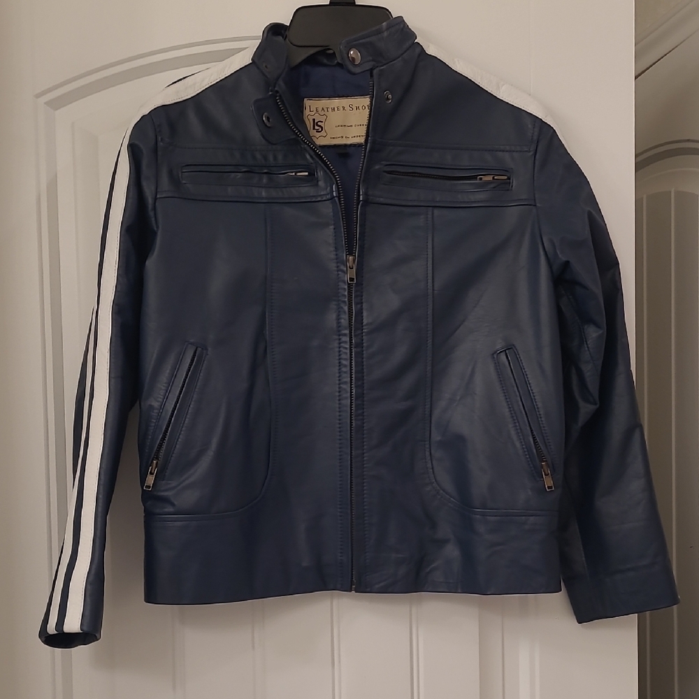 Blue Leather Racing Jacket with White Stripes
